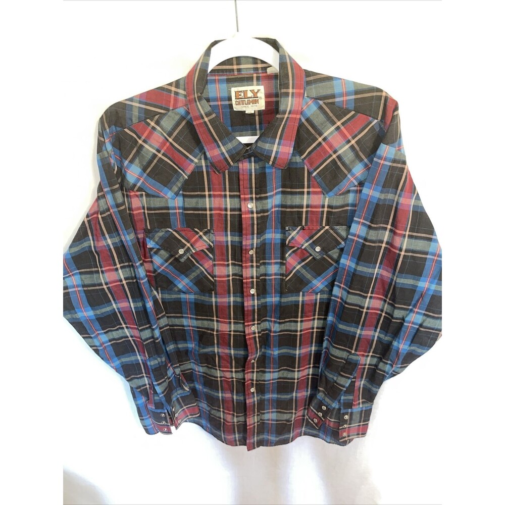 Ely Cattleman Western Shirt Men’s Size XL Blue Red Plaid Pearl Snaps LS Rodeo
